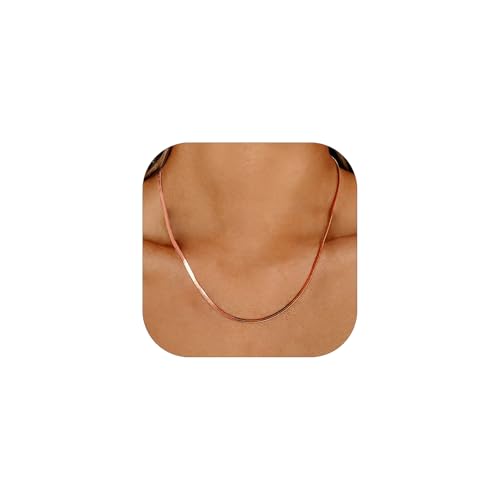ChainsHouse Flat Snake Chain Herringbone Choker Necklace for Women, Stainless Steel/Rose Gold/18K Gold Plated Dainty Adjustable Simple Short Layered Necklaces, 12"/15"/18" with 3.5" Extender - color: a. rose gold-3mm