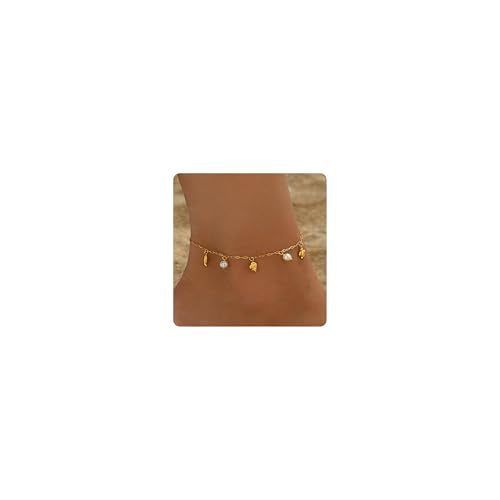 18K Gold Plated Waterproof Summer Beach Ankle Bracelets for Women | Starfish Sea Shell Pearls CZ Diamond Dangle Anklets - style: Conch Pearls-GD