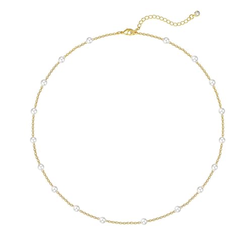 Zeffy Pearl Necklace 8MM Dainty Round Imitation Pearl Choker Necklace Wedding Pearl Necklace Delicate Jewelry for Women Simple Bridesmaid Jewelry Gifts - style: 4mm Gold Satellite Pearl Necklace