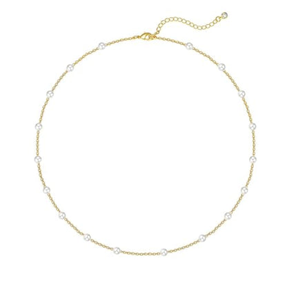 Zeffy Pearl Necklace 8MM Dainty Round Imitation Pearl Choker Necklace Wedding Pearl Necklace Delicate Jewelry for Women Simple Bridesmaid Jewelry Gifts - style: 4mm Gold Satellite Pearl Necklace