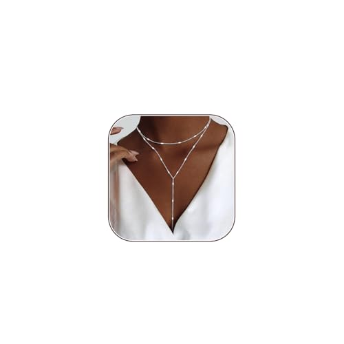 HERIER Lariat Gold Necklace for Women, Dainty Long Necklace 14k Gold Plated/Silver Y-Shaped Layered Beaded Chain Drop Necklaces for Women Trendy Simple Gold Jewelry for Women Gifts - color: Y Layered Bar-Silver