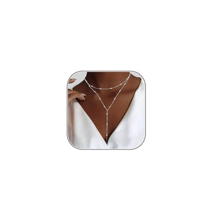HERIER Lariat Gold Necklace for Women, Dainty Long Necklace 14k Gold Plated/Silver Y-Shaped Layered Beaded Chain Drop Necklaces for Women Trendy Simple Gold Jewelry for Women Gifts - color: Y Layered Bar-Silver