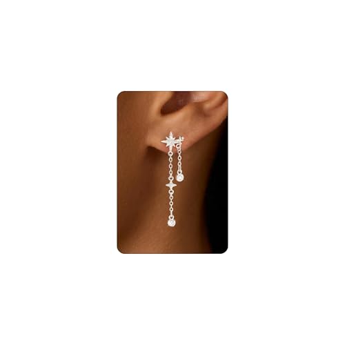 LLWOM 14K Gold Plated Cubic Zirconia Elegant Dangle Earrings for Women | CZ/Flower/North Star/Leaf Drop Earrings for Women, Statement Earrings for Wedding Party Prom, Hypoallergenic Jewelry Gift - color: Silver North Star