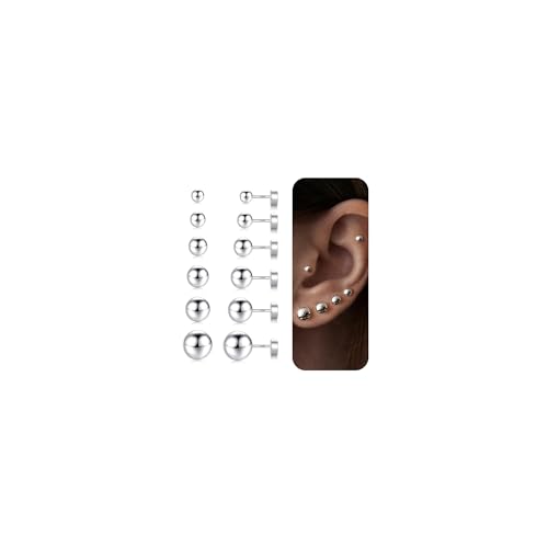 6 Pairs Hypoallergenic Flat Back Earrings for Women Girls,Stud Earring Set | Cartilage Earrings for Sensitive Ears,Cubic Zirconia Ball Pearl Earring,Screw Back Helix Conch Piercing Sets,Jewelry Gifts - color: Ball-Sliver-Plated