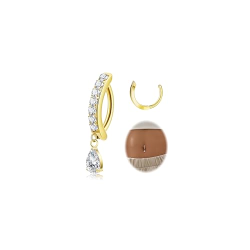 14G G23 Titanium Clicker Belly Button Ring for Women - Teardrop CZ Dangle Curved Reverse Barbell Navel Piercing - Hypoallergenic Jewelry - color: Gold