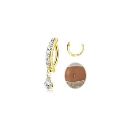 14G G23 Titanium Clicker Belly Button Ring for Women - Teardrop CZ Dangle Curved Reverse Barbell Navel Piercing - Hypoallergenic Jewelry - color: Gold
