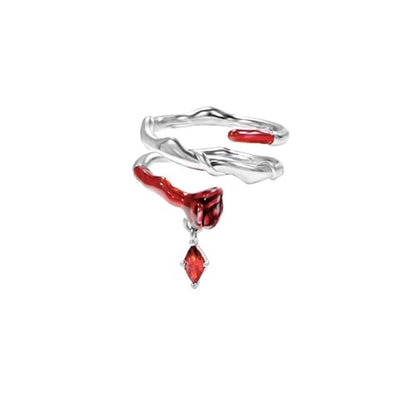 Copper Alloy White Gold Plated Red Rose Shaped Resin Art Gem Ring Set Open Adjustable Stackable Romantic Unique Design Multi-Finger Rings for Women with Premium Gift Box - color: B