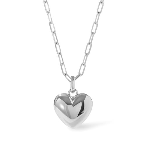 Ana Luisa Lev Puffy Heart Necklace for Women - Paperclip Chain w/ 14K Gold Plated & Silver Rhodium Plated Small Puffed Heart Pendant - Hypoallergenic, Water-Resistant, Tarnish-Free Jewelry - style: Paperclip Chain - Silver