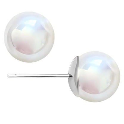 White Faux Pearl Stud Earrings, S925 Silver Posts Hypoallergenic for Women - color: Pinkish White, size: 8mm