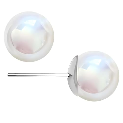 White Faux Pearl Stud Earrings, S925 Silver Posts Hypoallergenic for Women - color: Pinkish White, size: 8mm