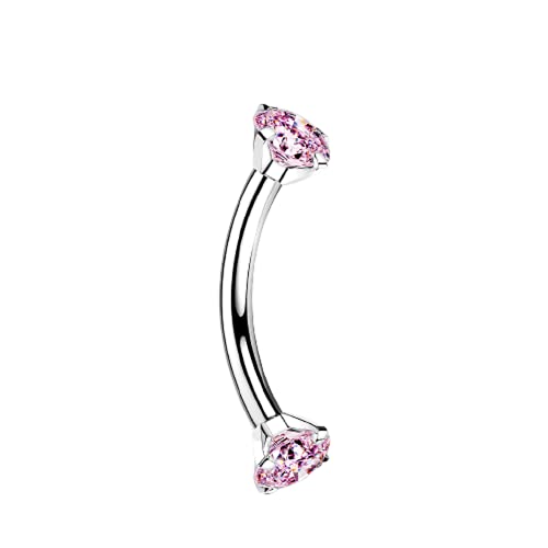Pierced Owl - 16GA G23 Implant Grade Titanium Internally Threaded Prong Set CZ Crystal Ends Cartilage Helix Daith Rook Eyebrow Curved Barbell - color: Silver Tone / Pink