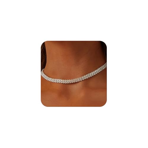 HERIER Tennis Necklace for Women 14K Gold Plated or Silver Rhinestone Choker Necklaces Dainty Zirconia Cut Faux Diamond chain 3mm - color: Silver-2 row tennis