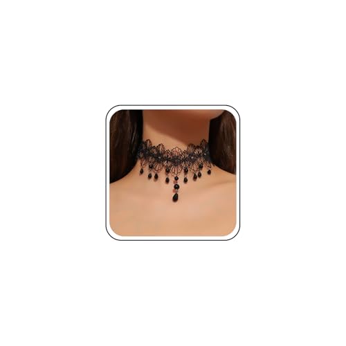 Wide Black Lace Choker Necklace Gothic Lace Pearl Tassel Necklace Short Hollow Flower Tattoo Necklaces Waterdrop Rhinestone Necklaces Halloween Wedding Party Jewelry - style: Style1