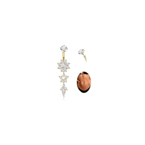14G G23 Titanium Dangle Belly Button Rings for Women CZ Round Belly Rings Internally Threaded Flower Navel Ring Hypoallergenic Curved Barbell Belly Piercing Jewelry - style: Flower-Gold