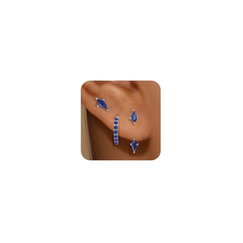 3 Pairs Stackable Kite Stud Earrings Set for Women Trendy | Dainty Birthstone Stud Gold & 925 Sterling Silver Huggie Hoop Jacket Stack Earrings for Women 2026 - color: Silver-Blue Sapphire
