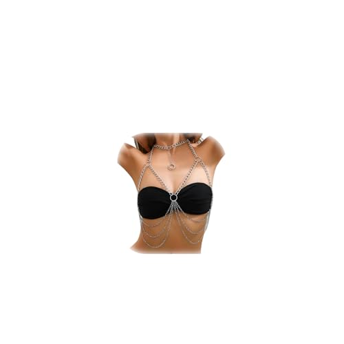 Summer Beach Metal Link Chain Bra Body Jewelry Sexy Multi-layered Crossover Harness Chest Chain Festival Bikini Waist Chain Body Jewelry for Women - color: Silver