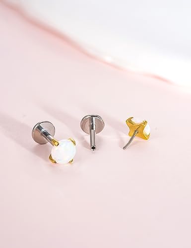 limerencia G23 Hypoallergenic 18g Flat Back Stud Earrings | F136 Implant Grade Titanium Pressfit Threadless Push Pop in Cartilage Helix Labret Lip Monroe Tragus Flat Back Piercing Studs - color: 4mm White Opal Gold