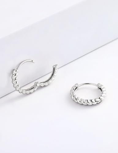Fiusem 14K Gold Plated Huggie Hoop Earrings for Women | 8/10/12 Hypoallergenic Small Twisted beaded Huggie Earrings - color: Silver Twisted, size: 12MM