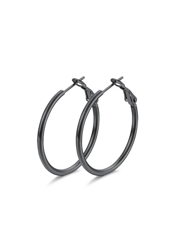 FindChic Thin Hoop Earrings for Women,Silver/Black/Gold Plated 20-100mm - color: Black, size: 30mm