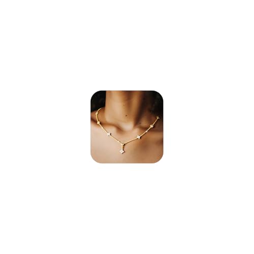Yowivon Layered Gold Necklaces for Women, Dainty 14K Gold Plated Pendant Necklace, Non Tarnish Cubic Zirconia Stack Choker Necklace, Adjustable Hypoallergenic Trendy Jewelry Gift for Her - style: Gold-Four-Leaf Flower Pendant