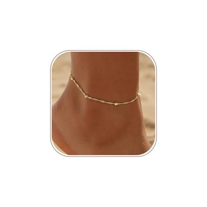 CAROVO Gold Ankle Bracelets for Women Waterproof,14K Gold Plated Bead Leaf Heart Dot Satellite Chain Layered Anklets Non Tarnish Summer Beach Jewelry Gift for Women - style: B: Bead
