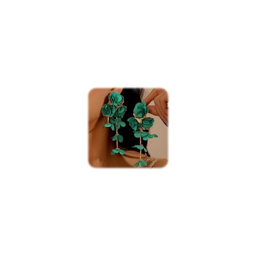 Fabric Flower Earrings for Women Colorful Long Tassel Floral Drop Earrings Fashion Boho Exaggerated Statement Beach Party Jewelry - color: green