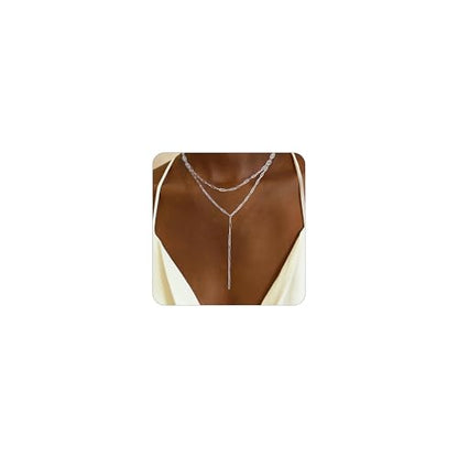 Lariat Necklace for Women, Dainty 14K Gold/Silver Plated Long Necklaces for Women Trendy Simple Layered Y-Shaped Pendant Necklace Adjustable Fashion Jewelry Gift - color: Silver, style: Paperclip Chain