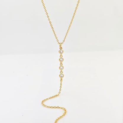 Zeffy Lariat Gold Necklace for Women, Dainty Long Necklace 14k Gold/Silver Plated Layered CZ Beaded Bar Chain Y-Shaped Body Chain Stack Drop Wedding Necklace Trendy Simple Gold Jewelry Gifts - color: Gold CZ Y Necklace(1PCS)