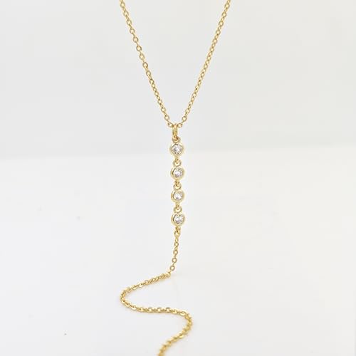 Zeffy Lariat Gold Necklace for Women, Dainty Long Necklace 14k Gold/Silver Plated Layered CZ Beaded Bar Chain Y-Shaped Body Chain Stack Drop Wedding Necklace Trendy Simple Gold Jewelry Gifts - color: Gold CZ Y Necklace(1PCS)