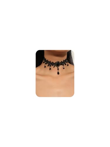 Lace Choker Necklace for Women Tassel Pendant Choker Necklaces Elegant Boho Collar Necklaces Statement Artistic Chain Necklace with Pearl Halloween Party Cosplay Costume Jewelry - color: Black Beads-2