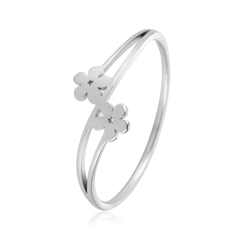 Minimalist Double flower Ring Gold, Silver Stainless Steel Accessories Size 7-11 Polished Jewelry Delicate Everyday Stackable Rings for Women - color: Silver