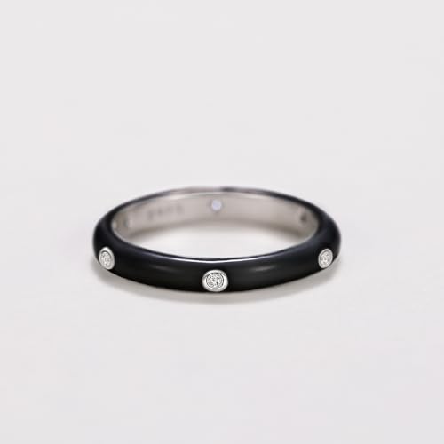 Stackable Enamel Ring 925 Sterling Silver Cubic Zirconia Rainbow Eternity Stacking Band Rings for Women 6（Black） - color: black, size: 6