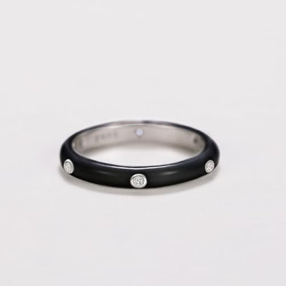 Stackable Enamel Ring 925 Sterling Silver Cubic Zirconia Rainbow Eternity Stacking Band Rings for Women 6（Black） - color: black, size: 6
