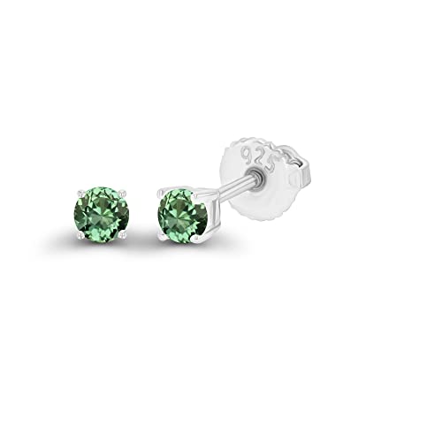 14K Gold Plated 925 Sterling Silver Hypoallergenic 3mm Round Genuine Birthstone Solitaire Screwback Stud Earrings - color: Green Sapphire Created