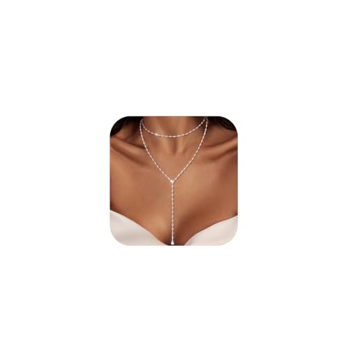 Luxval Lariat Gold Necklace for Women, Dainty Long Necklace 14k Gold Plated/Silver Y-Shaped Pendant Necklaces Trendy Beaded Chain Drop Necklaces Jewelry for Women Gifts - color: Silver-wave cz
