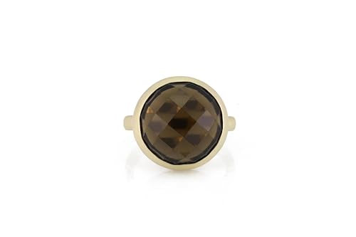 Smoky Quartz Bezel Ring - Solid Yellow Gold Statement Jewelry - Dark Brown Gemstone
