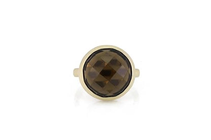 Smoky Quartz Bezel Ring - Solid Yellow Gold Statement Jewelry - Dark Brown Gemstone