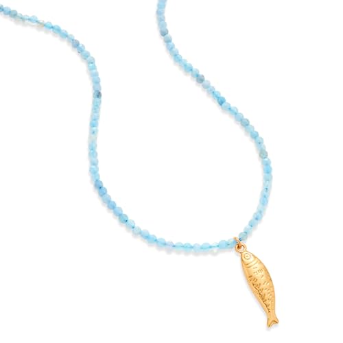 Boho Fish Necklace for Women - Blue Natural Stone Fish Pendant Necklace, Bohemian Beach Jewelry Colourful Jewelry for Summer Vacation - color: Light blue