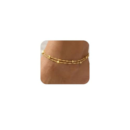 Dainty Anklets for Women, 14K Gold Plated & Sterling Silver Plated Ankle Bracelets, Adjustable, Waterproof & Hypoallergenic Summer Beach Foot Jewelry in Assorted Styles - style: 2 anklet beads gold