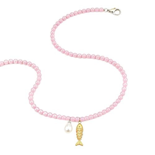 Fish Shell Necklace for Women, Beaded Necklaces Boho Statement Necklace, Pearl Necklaces Summer Beach Vacation Dress & Costume Jewelry - color: Pink- fish
