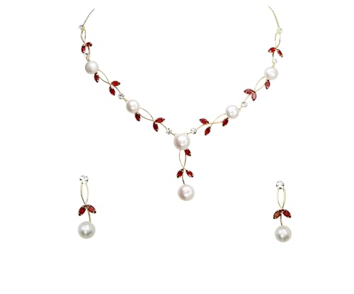 Faship Genuine Freshwater Pearls Floral Necklace Earrings Set | Premium CZ Crystal, Gorgeous, Sparkling - color: Red/Gold Plated