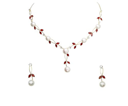 Faship Genuine Freshwater Pearls Floral Necklace Earrings Set | Premium CZ Crystal, Gorgeous, Sparkling - color: Red/Gold Plated