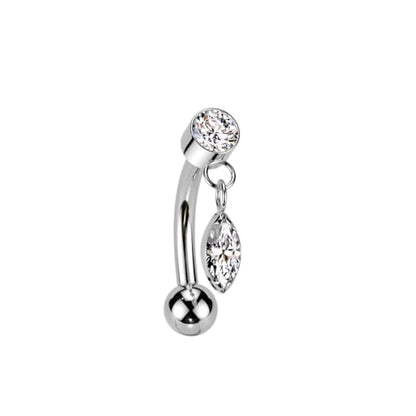 Pierced Owl 16GA ASTM F-136 Implant Grade Titanium Threadless Push-In Dangling CZ Crystal Marquise Eyebrow Curved Barbell - style: Silver Tone