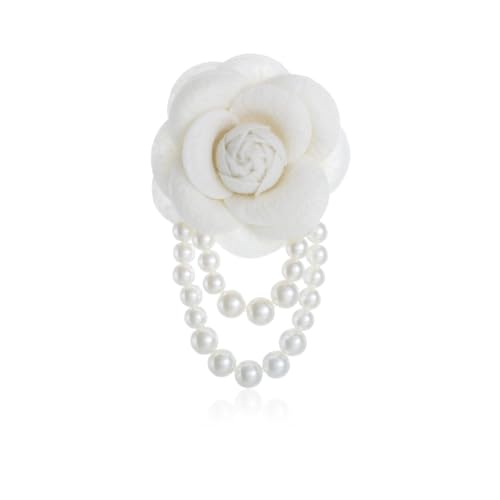 Vintage Camellia Brooch for Women,Statement Pearl Tassel Brooch Boho Multicolored Fabric Flower Brooches Laple Pins Dress Wedding Accessories - color: White