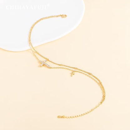Sterling Silver Ankle Bracelets for Women 14K Gold Waterproof Layered Stackable Bead Chain Cross Charm Non Tarnish Large Adjustable Anklet for Summer Beach Jewelry Gift - color: goldA