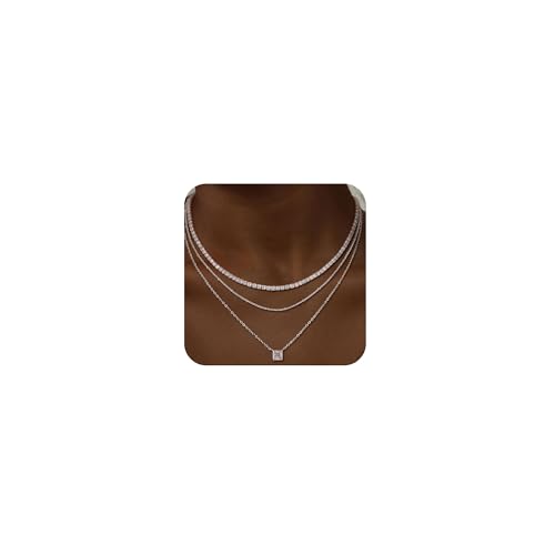 CHESKY Layered Silver Necklace for Women Trendy,Dainty Silver Plated Stackable Charm Necklace Layering Paperclip Tennis Rope Chain CZ Pendant Jewelry Set Gifts - style: tennis