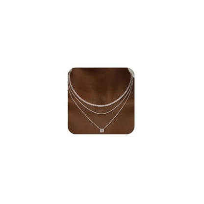 CHESKY Layered Silver Necklace for Women Trendy,Dainty Silver Plated Stackable Charm Necklace Layering Paperclip Tennis Rope Chain CZ Pendant Jewelry Set Gifts - style: tennis