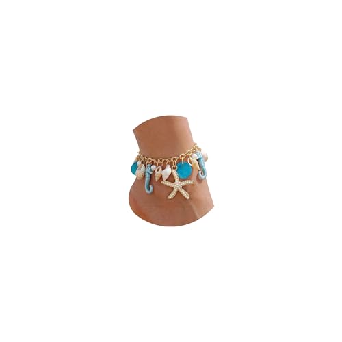 Fesciory Shell Ankle Bracelets for Women, Gold Plated Boho Beach Anklet Set | Adjustable Pearl Bead Anklet Set with Starfish, Conch and Seashell Charms for Beach Outfits, Vacations, Parties and Gifts - color: Gold-5