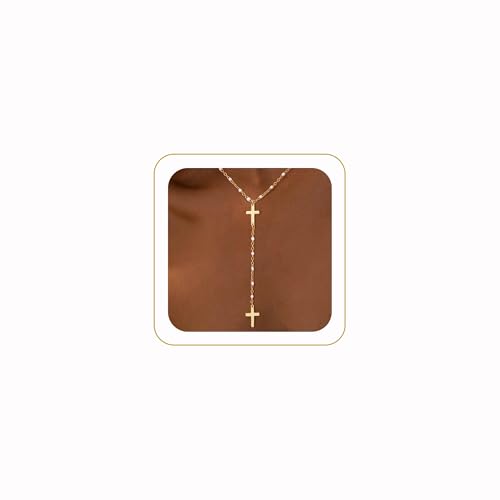 Lariat Necklaces for Women - Dainty Long Necklace Trendy 14K Gold Plated Hypoallergenic Layered Long Y-Shape Sunburst CZ T-Bar Pendant Drop Chain Necklace Set for Women Non Tarinsh Jewelry - style: double cross drop-gd