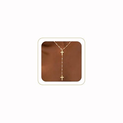 Lariat Necklaces for Women - Dainty Long Necklace Trendy 14K Gold Plated Hypoallergenic Layered Long Y-Shape Sunburst CZ T-Bar Pendant Drop Chain Necklace Set for Women Non Tarinsh Jewelry - style: double cross drop-gd
